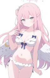 Rule 34 | 1girl, absurdres, bare shoulders, blue archive, highres, jyt, long hair, looking at viewer, mika (blue archive), pink hair, simple background, smile, solo, swimsuit, wings, yellow eyes