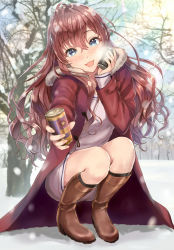 Rule 34 | 10s, 1girl, :3, blue eyes, blush, boots, brown footwear, brown hair, can, can to cheek, canned coffee, day, drink can, fur trim, hair between eyes, head tilt, highres, ichinose shiki, idolmaster, idolmaster cinderella girls, jacket, knee boots, long hair, looking at viewer, open mouth, outstretched hand, sakamuke, skirt, snow, snowing, solo, squatting, wavy hair
