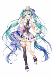 Rule 34 | 1girl, arm up, baizu (guszx), black thighhighs, blue bow, blue eyes, blue hair, bow, breasts, frilled skirt, frills, full body, garter straps, gloves, hair bow, hat, hatsune miku, long hair, medium breasts, multicolored hair, musical note, roller skates, simple background, single thighhigh, skates, skirt, solo, thighhighs, twintails, two-tone hair, very long hair, vocaloid, white background, white gloves, white hat, white skirt