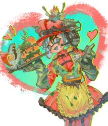 Rule 34 | 1girl, 99933g, apron, aqua eyes, aqua hair, belt, commentary request, dress, fangs, food, fork, frilled dress, frills, gloves, grey gloves, heart, holding, holding fork, holding plate, holding spoon, inkling, inkling girl, inkling player character, korean commentary, maid apron, mining helmet, nintendo, open mouth, plate, red hair, rubber gloves, salmon run (splatoon), short hair, smallfry (splatoon), solo, splatoon (series), splatoon 3, spoon, tentacle hair, white background, yellow eyes