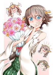 Rule 34 | 4girls, absurdres, blue eyes, bouquet, commentary request, cowboy shot, detached sleeves, flipped hair, flower, green skirt, hand on own face, happy birthday, haruna (kancolle), headgear, hiei (kancolle), highres, japanese clothes, kantai collection, kirishima (kancolle), kongou (kancolle), looking at viewer, multiple girls, oohashi yanta, plaid, plaid skirt, ribbon-trimmed sleeves, ribbon trim, skirt, smile, solo focus