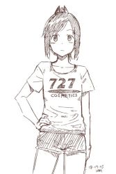 Rule 34 | 1girl, alternate costume, casual, cowboy shot, dated, hand on own hip, i-401 (kancolle), kantai collection, kawashina (momen silicon), looking at viewer, monochrome, shirt, shorts, simple background, sketch, standing, t-shirt, white background