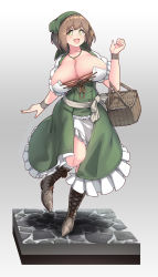 Rule 34 | 1girl, absurdres, basket, boots, breasts, brown footwear, brown hair, cleavage, cross-laced footwear, dress, frilled dress, frills, full body, green dress, green eyes, highres, huge breasts, jewelry, konoshige (ryuun), lace-up boots, looking at viewer, necklace, open mouth, original, peasant, short sleeves, smile, solo, standing, thick eyebrows, village girl (konoshige)