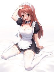 Rule 34 | 1girl, absurdres, arm support, arm up, asahina mikuru, blush, breasts, brown eyes, brown hair, cleavage, dress, embarrassed, feet, female focus, full body, highres, lace, lace-trimmed legwear, lace trim, long hair, looking at viewer, maid, maid headdress, medium breasts, mole, mole on breast, no shoes, open mouth, sitting, solo, suzumiya haruhi no yuuutsu, thighhighs, thighs, wariza, white background, white thighhighs, wuuyaw