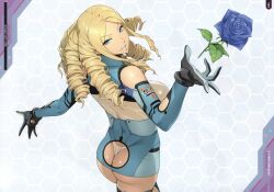 Rule 34 | 1girl, absurdres, artbook, ass, ass cutout, blonde hair, blue flower, blue rose, blue thighhighs, bodysuit, boots, clothing cutout, curvy, drill hair, feet out of frame, flower, full body, furoria frank, highleg, highleg leotard, highres, leotard, long hair, looking back, navel, non-web source, official art, parted bangs, revealing clothes, rose, scan, shiny clothes, shiny skin, skindentation, smile, solo, super robot wars, super robot wars x-omega, thigh boots, thighhighs, watanabe wataru (character designer), wide hips