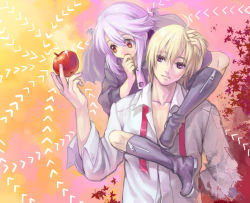 Rule 34 | 1boy, 1girl, apple, blonde hair, boots, bream-tan, carrying, food, fruit, hand to own mouth, holding, holding food, holding fruit, original, piggyback, purple eyes, purple hair, red eyes, shirt, white shirt, wings