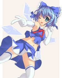 Rule 34 | 1girl, ;d, adapted costume, bitaraga, blue eyes, blue hair, bow, cirno, elbow gloves, gloves, hair bow, matching hair/eyes, midriff, navel, no panties, one eye closed, open mouth, short hair, skirt, smile, solo, thighhighs, touhou, white gloves, white thighhighs, wings