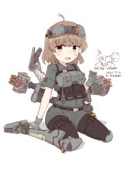Rule 34 | 1girl, :d, absurdres, ahoge, ammunition pouch, armor, armored boots, battle of titans, belt, belt pouch, black pantyhose, boots, breastplate, character name, extra legs, gloves, headgear, highres, hozukikasumi, knee pads, light brown hair, mecha musume, mechanical legs, mechanical parts, military, missile pod, mite (battle of titans), open mouth, orange eyes, pantyhose, personification, petite, bulletproof vest, pouch, short hair, sitting, smile, solo, thigh pouch, utility belt, wariza, weapon, white background