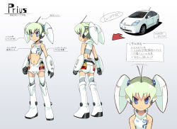 Rule 34 | 1girl, antennae, blue eyes, car, flat chest, mecha musume, motor vehicle, multiple views, navel, original, personification, thighhighs, translation request, twintails, vehicle, yamai