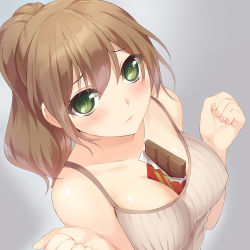 Rule 34 | 1girl, bad id, bad pixiv id, between breasts, blush, breasts, brown hair, camisole, candy, chocolate, chocolate bar, closed mouth, collarbone, eyebrows, food, food between breasts, from above, green eyes, grey background, hair between eyes, hmniao, large breasts, long hair, looking at viewer, nail polish, original, pink nails, ringed eyes, sexually suggestive, sleeveless, solo, upper body