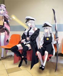 Rule 34 | arrow (projectile), azur lane, bird, black coat, black skirt, black thighhighs, bow (weapon), breasts, chick, closed eyes, coat, collared shirt, compound bow, eagle union (emblem), enterprise (azur lane), father shot by son (meme), gold trim, hat, highres, large breasts, little enterprise (azur lane), long hair, meme, military hat, miniskirt, mother and daughter, necktie, overall skirt, peaked cap, photo background, pleated skirt, purple eyes, shirt, skirt, sleeveless, sleeveless shirt, suprii, thighhighs, underbust, very long hair, vestal (azur lane), weapon, white hair, white headwear, white shirt