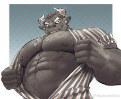 Rule 34 | 1boy, abs, animal ears, bara, bare pectorals, brown fur, cow ears, cow horns, ep06, facial hair, from below, furry, furry male, goatee, gyumao (housamo), horns, large pectorals, male focus, mature male, minotaur, mohawk, muscular, muscular male, navel, nipples, pectorals, red hair, shirt, short hair, smile, solo, stomach, striped clothes, striped shirt, thick eyebrows, tokyo houkago summoners, undressing, upper body