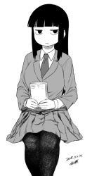 Rule 34 | 1girl, book, breasts, character request, closed mouth, dated, greyscale, long hair, looking at viewer, mob face, monochrome, necktie, pantyhose, signature, simple background, skirt, solo, tsukudani (coke-buta), white background