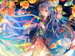 Rule 34 | 1girl, :3, chinese lantern (plant), colorful, cupping hands, fish, hair ornament, holding, horns, japanese clothes, kazu (muchuukai), kimono, light particles, long hair, long sleeves, oni horns, open mouth, original, own hands together, purple hair, red eyes, short kimono, sitting, solo, surreal, wide sleeves