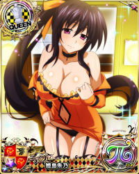 Rule 34 | 1girl, black hair, breasts, card (medium), chess piece, cleavage, garter straps, hair between eyes, high school dxd, high school dxd pi, himejima akeno, large breasts, long hair, official art, ponytail, purple eyes, queen (chess), solo, thighhighs