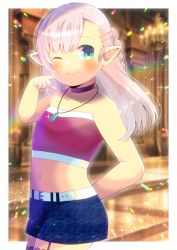 Rule 34 | 1girl, ;), asymmetrical bangs, bare arms, bare shoulders, belt, belt buckle, black choker, blue skirt, blurry, blurry background, blush, braid, buckle, choker, closed mouth, collarbone, commentary request, commission, crop top, depth of field, final fantasy, final fantasy xiv, grey hair, hand up, kou hiyoyo, lalafell, long hair, midriff, navel, one eye closed, skeb commission, skirt, smile, solo, strapless, warrior of light (ff14), white belt