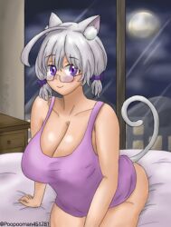 Rule 34 | 1girl, ahoge, animal ear fluff, animal ears, bare shoulders, bedroom, blush, boobfan06, breasts, cabinet, cat ears, cat girl, cat tail, cityscape, cloud, cloudy sky, collarbone, glasses, highres, large breasts, looking at viewer, moon, night, night sky, on bed, original, pink tank top, purple eyes, short hair, sitting, sky, smile, tail, tank top, thick thighs, thighs, twintails, twitter username, white hair, window