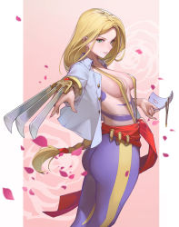 Rule 34 | 1girl, ass, blonde hair, blue eyes, border, breasts, claw (weapon), falling petals, gender request, genderswap, highres, holding, holding mask, jacket, long hair, low tied hair, mask, open clothes, open jacket, pants, petals, pink background, purple pants, revealing clothes, sash, shop p, sideboob, solo, standing, street fighter, vega (street fighter), weapon, white border, white jacket