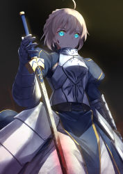 Rule 34 | &gt;:(, 1girl, ahoge, armor, artoria pendragon (all), artoria pendragon (fate), blue eyes, braid, breastplate, excalibur (fate/stay night), fate/stay night, fate (series), frown, gauntlets, gedou (shigure seishin), gradient background, holding, light brown hair, looking at viewer, saber (fate), shade, simple background, solo, v-shaped eyebrows