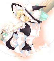 Rule 34 | 1girl, apron, armpits, blonde hair, boots, bow, braid, dress, female focus, from behind, gradient background, hat, highres, kirisame marisa, large bow, looking back, messy hair, poprication, puckered lips, ribbon, side braid, sitting, sleeveless, solo, touhou, waist apron, white background, witch, witch hat, wrist ribbon, yellow eyes