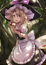 Rule 34 | 1girl, apron, blonde hair, bow, braid, hair bow, hair ornament, hako momiji, hat, hat ribbon, kirisame marisa, long hair, looking to the side, mushroom, open mouth, outdoors, pink bow, puffy sleeves, ribbon, shirt, short sleeves, side braid, single braid, skirt, skirt set, smile, solo, touhou, tree, tree stump, vest, waist apron, white bow, witch hat, yellow eyes