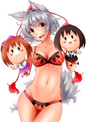 Rule 34 | 1girl, absurdres, animal ears, bad id, bad pixiv id, black bra, black panties, blush stickers, bra, breasts, camera, character doll, cleavage, commentary request, contrapposto, cowboy shot, grey hair, hand puppet, hat, highres, himekaidou hatate, hiyo koiro, inubashiri momiji, leaf print, looking at viewer, medium breasts, navel, orange eyes, panties, puppet, red bra, red panties, shameimaru aya, short hair, simple background, smile, solo, standing, stomach, tail, tokin hat, touhou, underwear, underwear only, white background, wolf ears, wolf tail