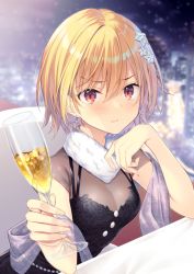 Rule 34 | 1girl, alcohol, black dress, blonde hair, blurry, blurry background, blush, breasts, champagne, champagne flute, cleavage, closed mouth, cup, depth of field, dress, drinking glass, earrings, fingernails, fishnets, fur collar, hair ornament, highres, holding, holding cup, idolmaster, idolmaster shiny colors, jewelry, kokusan moyashi, long fingernails, looking at viewer, red eyes, saijo juri, shawl, short hair, short sleeves, small breasts, solo, star (symbol), star earrings, star hair ornament, table, upper body