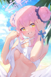 1girl absurdres akovo alternate_costume blue_archive blue_sky blurry blurry_background blush breasts cloud cloudy_sky commentary double_bun feathered_wings hair_bun hair_ornament hair_scrunchie highres looking_at_viewer low_wings medium_breasts mika_(blue_archive) navel open_mouth outdoors pink_hair scrunchie sky smile solo swimsuit underboob wet white_wings wings yellow_eyes