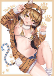 Rule 34 | 1girl, :d, absurdres, animal costume, animal ear fluff, animal ears, animal print, bikini, black hair, blue shorts, blush, breasts, brown hair, chinese zodiac, claw pose, colored tips, dot nose, drawstring, fake animal ears, fake tail, fang, foot out of frame, footprints, fur-trimmed collar, fur trim, gradient hair, hair between eyes, happy new year, highres, hood, hood up, hoodie, long sleeves, looking at viewer, medium hair, multicolored hair, navel, new year, open clothes, open hoodie, open mouth, original, rama (yu-light8), short eyebrows, shorts, sidelocks, sitting, skin fang, skindentation, small breasts, smile, socks, solo, stomach, striped clothes, striped hoodie, swimsuit, tail, thick eyebrows, tiger costume, tiger ears, tiger print, tiger tail, white hair, white socks, year of the tiger, yellow eyes, zipper, zipper shorts
