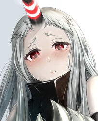 Rule 34 | 1girl, abyssal ship, ankoku kishi m, bare shoulders, blush, claws, colored skin, commentary request, crying, gradient background, grey background, grey hair, highres, horns, kantai collection, long hair, pale skin, seaport princess, simple background, single horn, solo, tears, upper body, white background, white skin