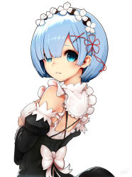 Rule 34 | 10s, 1girl, artist name, bare shoulders, blue eyes, blue hair, blush, bow, breasts, commentary, detached sleeves, frilled sleeves, frills, from behind, hair ornament, hair over one eye, hair ribbon, hand up, highres, kiyomasa ren, looking at viewer, looking back, maid, maid headdress, medium breasts, parted lips, pink lips, pink ribbon, re:zero kara hajimeru isekai seikatsu, rem (re:zero), ribbon, short hair, simple background, solo, tareme, upper body, white background, white bow, x hair ornament