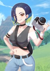 Rule 34 | 1girl, armband, belt, black belt, blue hair, brown eyes, camera, cloud, commentary request, cowboy shot, creatures (company), day, game freak, gomashiwo o, grass, grey vest, grin, hand on own hip, hand up, highres, holding, holding camera, nail polish, navel, nintendo, off-shoulder shirt, off shoulder, outdoors, pants, perrin (pokemon), pokemon, pokemon sv, shirt, short hair, sky, smile, solo, teeth, tree, vest, white shirt