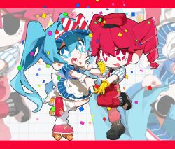 Rule 34 | 2girls, apron, back bow, black eyes, black footwear, blue dress, bow, chibi, confetti, dress, drill hair, frilled apron, frills, full body, gloves, hand up, hat, hatsune miku, highres, kasane teto, long hair, looking at viewer, mesmerizer (vocaloid), multiple girls, open mouth, pants, pink eyes, pink footwear, pink hair, pink hat, pink pants, pinstripe dress, pinstripe hat, pinstripe pattern, puffy short sleeves, puffy sleeves, roller skates, sa0429sa, shoes, short sleeves, skates, smile, socks, sparkling eyes, standing, standing on one leg, striped clothes, striped socks, twin drills, twintails, utau, visor cap, vocaloid, waitress, white bow, yellow gloves