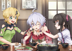 Rule 34 | 10s, 3girls, ahoge, akatsuki kirika, black hair, blonde hair, blush, bowl, breasts, chopsticks, cleavage cutout, clothing cutout, commentary request, cup, drinking glass, eating, food, green eyes, hair ornament, indoors, long hair, looking at another, medium breasts, multiple girls, napkin, noodles, open mouth, pink eyes, purple eyes, senki zesshou symphogear, short hair, silver hair, smile, steam, sweatdrop, tsukuyomi shirabe, twintails, tyuga, udon, very long hair, x hair ornament, yukine chris