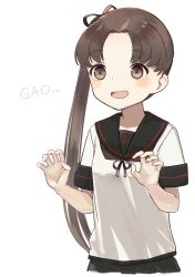 Rule 34 | 1girl, ayanami (kancolle), ayanami kai ni (kancolle), black sailor collar, brown hair, commentary request, curled fingers, kantai collection, long hair, sailor collar, school uniform, serafuku, side ponytail, simple background, solo, upper body, white background, yamashichi (mtseven)