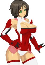 Rule 34 | 1girl, ahoge, aliasing, armor, bare shoulders, black gloves, black hair, breasts, brown hair, cleavage cutout, clothing cutout, contrapposto, cosplay, covered navel, cowboy shot, elbow gloves, gauntlets, gloves, green eyes, hand on own hip, honchan, impossible clothes, impossible leotard, large breasts, leotard, looking at viewer, lowres, nchallenge, nchans, no bra, pixel art, power armor, red gloves, see-through, short hair, simple background, solo, standing, thighhighs, warner, white background