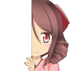 Rule 34 | 10s, 1girl, blush, bow, brown hair, drill hair, hair bow, harukaze (kancolle), japanese clothes, kantai collection, kimono, looking at viewer, nagineko, peeking out, pink kimono, red bow, red eyes, smile, solo, transparent background