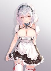 Rule 34 | 1girl, anchor, apron, azur lane, breasts, cleavage, collar, dress, frilled apron, frilled dress, frills, grey background, highres, large breasts, looking at viewer, maid, medium hair, metal collar, nanashi (74 nanashi), red eyes, short sleeves, silver hairband, simple background, sirius (azur lane), solo, thighhighs, waist apron, white apron, white hair, white thighhighs