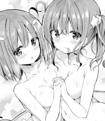 Rule 34 | 2girls, asymmetrical docking, blush, breast press, breasts, closed mouth, collarbone, comic cune, commentary request, eyewear in mouth, unworn eyewear, fang, fingernails, glasses, greyscale, hair ornament, hairclip, holding hands, interlocked fingers, kurou (quadruple zero), large breasts, long hair, medium breasts, monochrome, mouth hold, multiple girls, navel, nude, original, parted lips, siblings, side ponytail, sisters, star (symbol), star hair ornament, sweat, wavy mouth