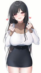 Rule 34 | 1girl, :d, black hair, black skirt, blush, breasts, brown eyes, emyo, hands up, heart, highres, large breasts, long hair, long sleeves, looking at viewer, open mouth, original, pencil skirt, shirt, simple background, skirt, sleeves past wrists, smile, solo, standing, thigh gap, very long hair, white background, white shirt