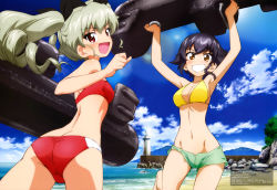 Rule 34 | 10s, 2girls, absurdres, anchovy (girls und panzer), ass, beach, bikini, bikini shorts, black hair, blush, braid, breasts, brown eyes, butt crack, cleavage, cloud, cloudy sky, crotch seam, day, drill hair, girls und panzer, green bikini, green hair, grin, highres, holding, inflatable toy, leg up, lighthouse, long hair, looking at viewer, mismatched bikini, multiple girls, official art, open mouth, outdoors, pepperoni (girls und panzer), red bikini, red eyes, short hair, short shorts, shorts, side braid, sky, smile, standing, swimsuit, torpedo, twin drills, twintails, yoshida nobuyoshi