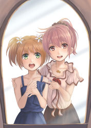 Rule 34 | 2girls, absurdres, alternate hairstyle, blonde hair, cosmetics, dress, flower, hair flower, hair ornament, hand on another&#039;s shoulder, heart, heart necklace, highres, jewelry, mirror, multiple girls, necklace, ponytail, red hair, reflection, sakura trick, sonoda yuu, takayama haruka, twintails