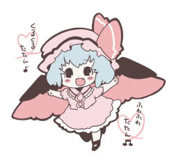 Rule 34 | 1girl, bad id, bad pixiv id, blue hair, chachi, chachi (azuzu), chibi, fang, female focus, flat color, full body, hat, remilia scarlet, short hair, skirt, solo, touhou, translation request, white background, wings