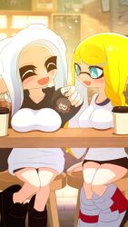 Rule 34 | 2girls, :d, ^ ^, black shorts, blonde hair, blue eyes, blurry, blurry background, breast rest, breasts, bright pupils, closed eyes, coffee cup, commentary request, cup, disposable cup, highres, indoors, inkling, inkling girl, inkling player character, kakk e, large breasts, long hair, multiple girls, nintendo, octoling, octoling girl, octoling player character, on stool, open mouth, shirt, shorts, sitting, smile, splatoon (series), splatoon 3, tentacle hair, white hair, white pupils, white shirt