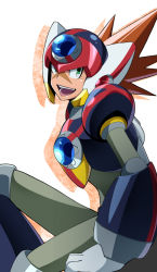 Rule 34 | 1boy, android, axl (mega man), brown hair, commentary request, cross scar, feet out of frame, green eyes, helmet, highres, knee up, lower teeth only, male focus, mega man (series), mega man x: command mission, mega man x (series), open mouth, parco 1315, robot, scar, scar on face, simple background, sitting, solo, teeth, upper teeth only