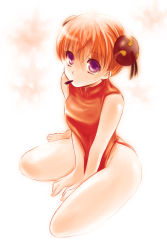 Rule 34 | 00s, bun cover, china dress, chinese clothes, double bun, dress, gintama, highres, jun can, kagura (gintama), mouth hold, purple eyes, red hair, seaweed, short hair, sitting, solo, thighs