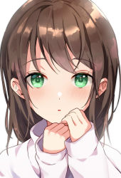 Rule 34 | 1girl, :o, blush, brown hair, commentary request, derori, green eyes, hands up, highres, long sleeves, looking at viewer, original, parted lips, simple background, sleeves past wrists, solo, sweater, white background, white sweater