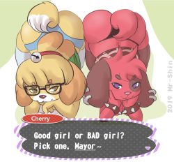 Rule 34 | 2girls, :3, animal crossing, animal ears, artist name, ass, ass-to-ass, bell, black legwear, black panties, black shirt, blonde hair, blue eyes, blue panties, blush, blush stickers, bracelet, breasts, character name, cherry (animal crossing), closed mouth, dated, dog ears, dog girl, dog tail, ear piercing, english text, female focus, full body, furry, furry female, green background, green eyes, green shirt, hair bell, hair ornament, hair tie, half-closed eyes, hand up, hands up, happy, head rest, heart, heart-shaped pupils, highres, isabelle (animal crossing), jewelry, jingle bell, jpeg artifacts, light blush, looking at viewer, medium breasts, multiple girls, nintendo, panties, piercing, red hair, shinsuke, shirt, short hair, simple background, skindentation, smile, speech bubble, spiked bracelet, spikes, symbol-shaped pupils, tail, take your pick, talking, text focus, thighhighs, topknot, two-tone background, underwear, watermark, white legwear