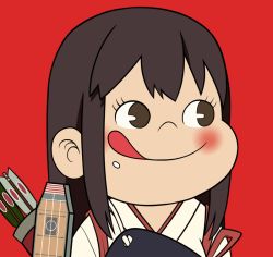 Rule 34 | 1girl, :q, akagi (kancolle), arrow (projectile), blush, brown hair, flight deck, food, food on face, fujiya, japanese clothes, kantai collection, long hair, muneate, parody, peko-chan, personification, portrait, red background, rice, rice on face, solo, tongue, tongue out, tsukumo (soar99)