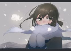 Rule 34 | 1girl, black hair, blush, coat, fubuki (kancolle), green coat, green eyes, highres, kantai collection, letterboxed, long sleeves, ma rukan, mittens, scarf, short hair, short ponytail, signature, solo, upper body, white scarf